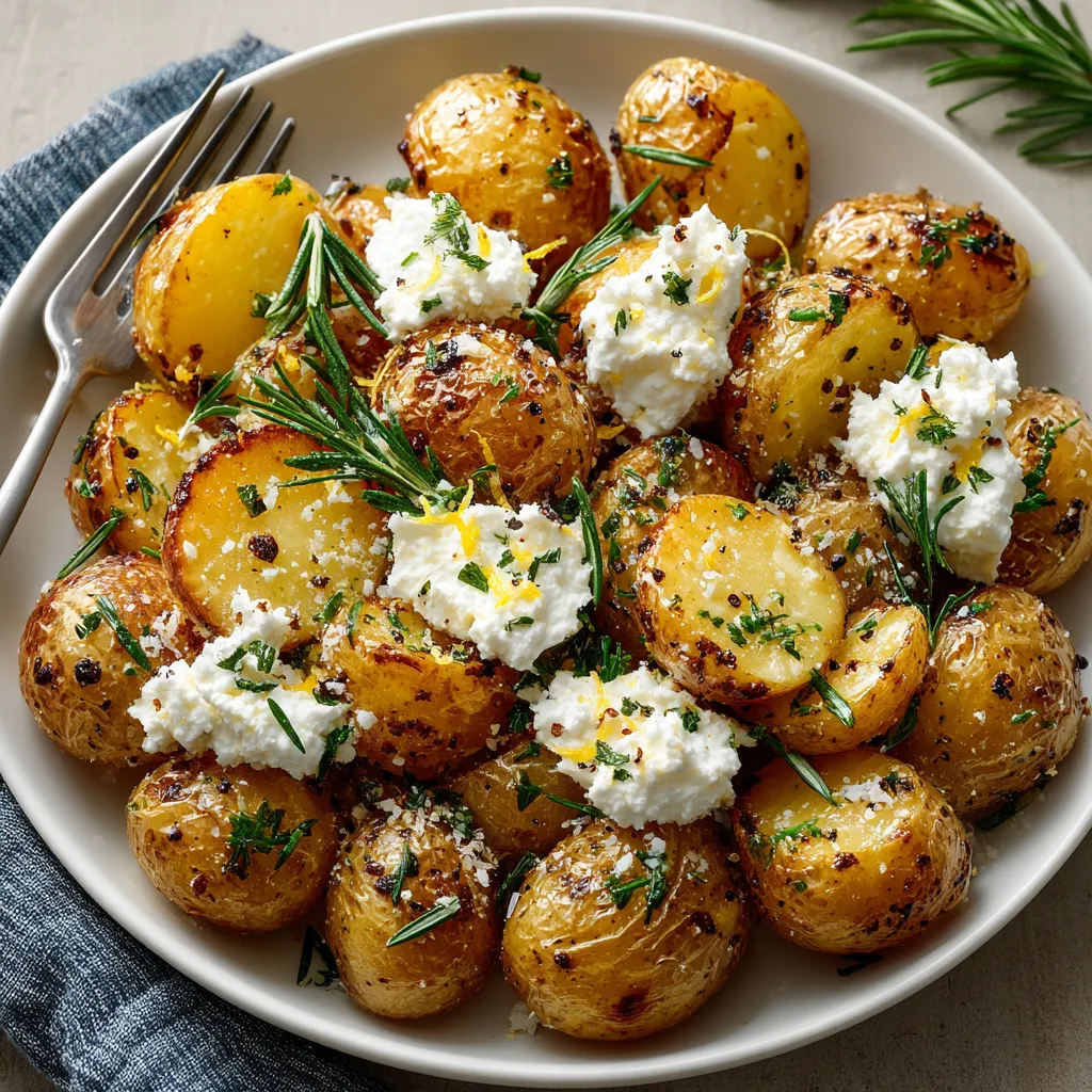 A plate of potatoes with white sauce and herbs.