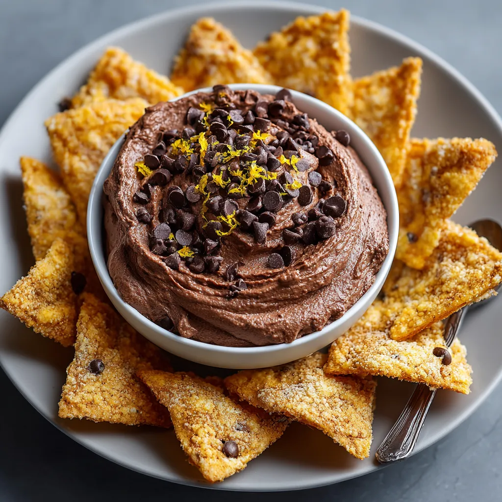 A bowl of chocolate dip with chips.