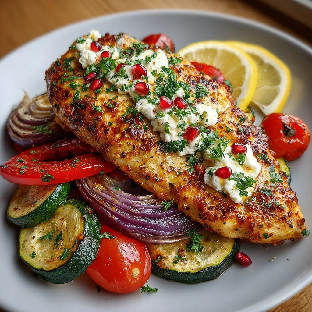 A plate of food with chicken, tomatoes, onions, and feta cheese.