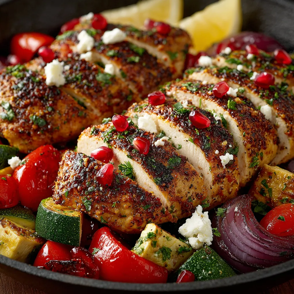 A pan of food with chicken, tomatoes, and onions.