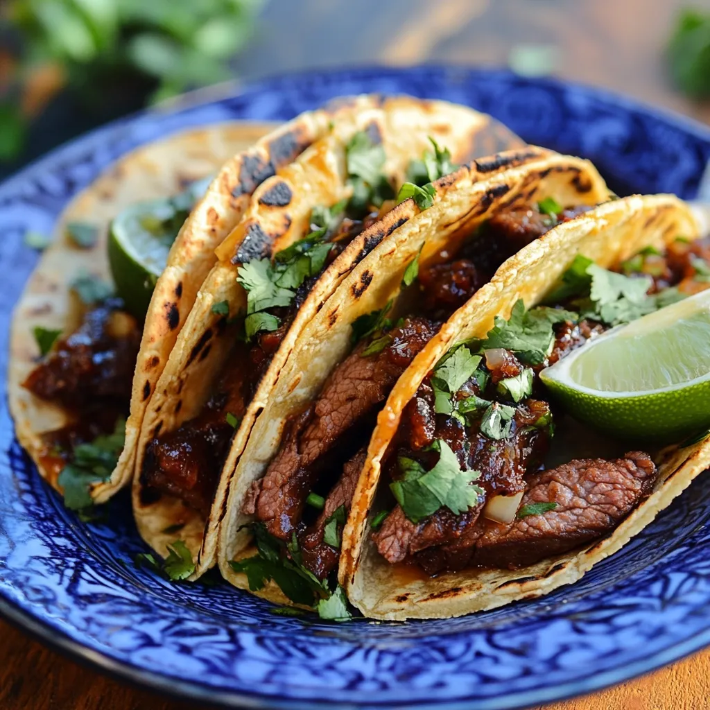 A plate of tacos with meat and lime.
