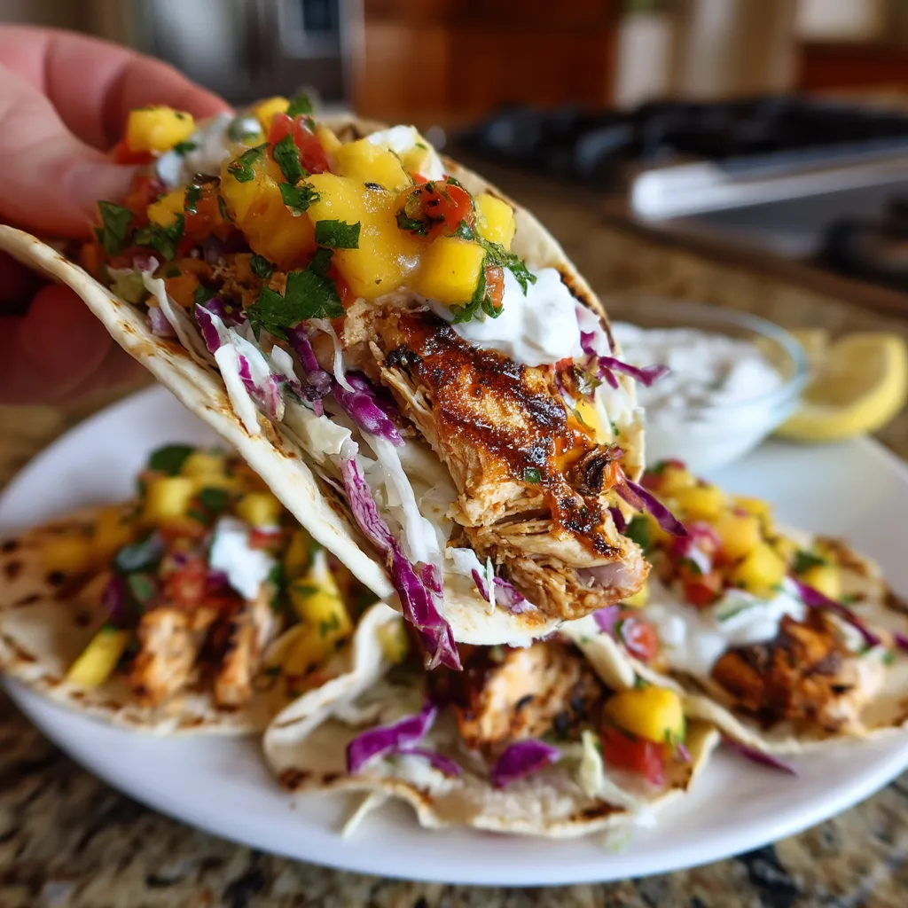 A hand holds a taco with chicken and pineapple.