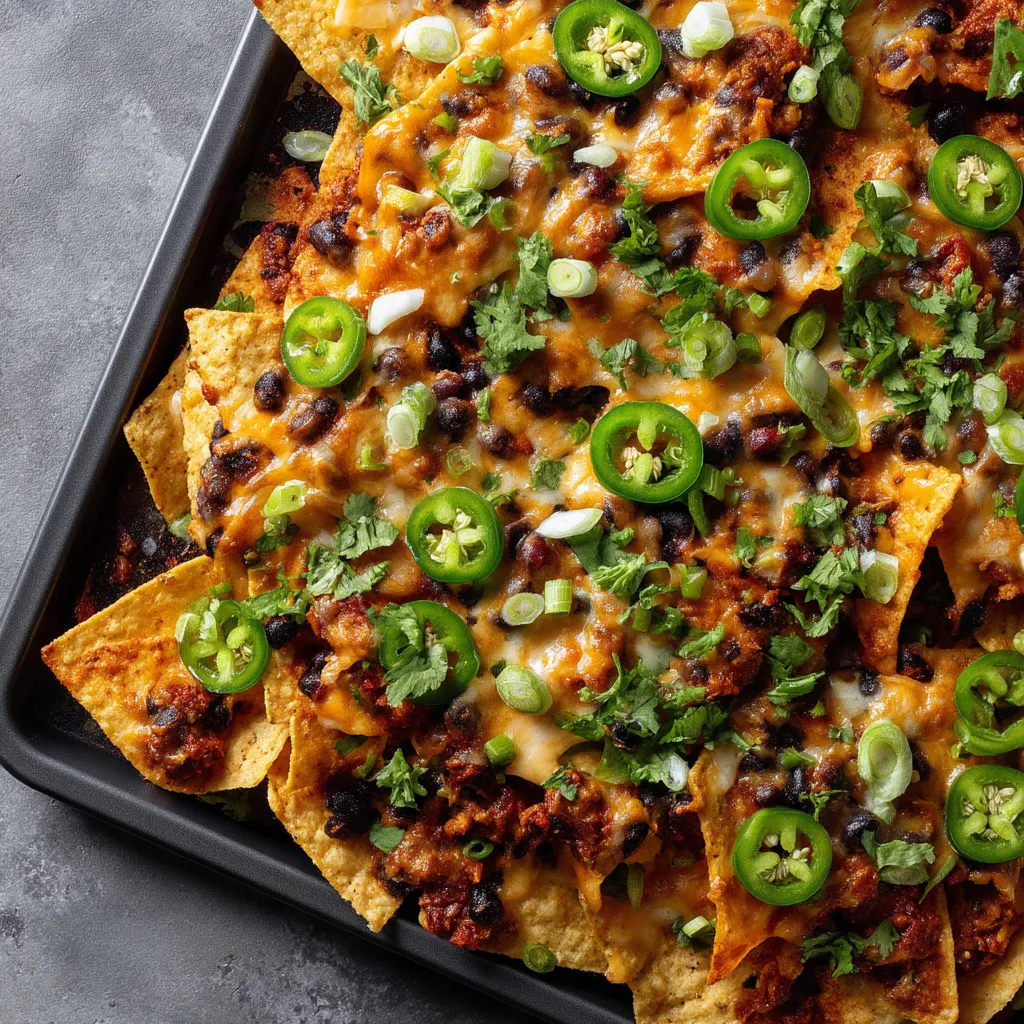 A tray of nachos with jalapenos and cheese.