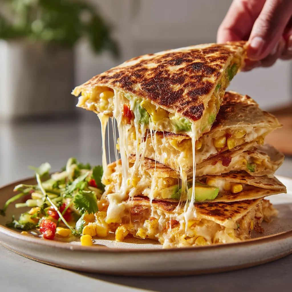 A stack of burritos with cheese and avocado.