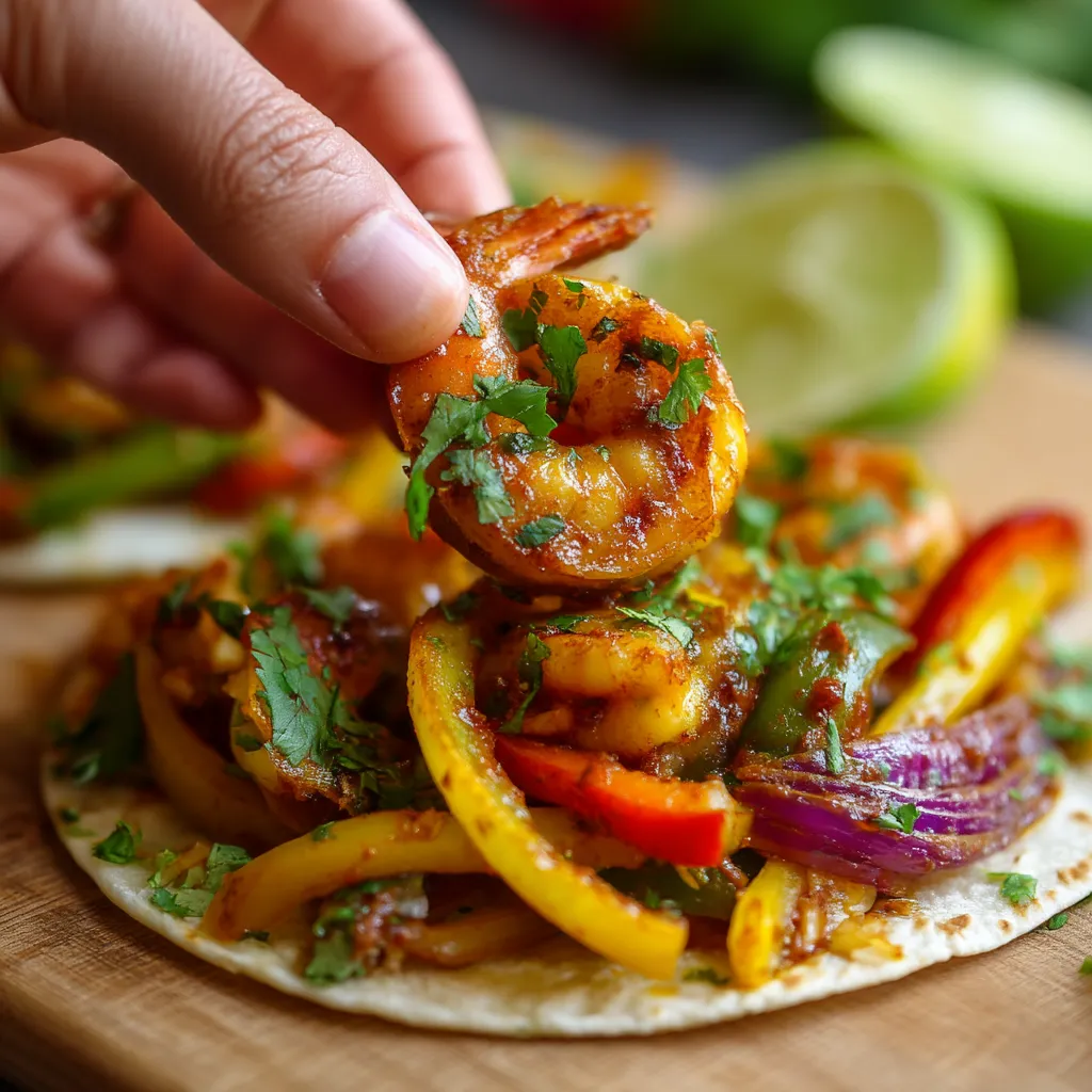 A hand is holding a piece of shrimp.