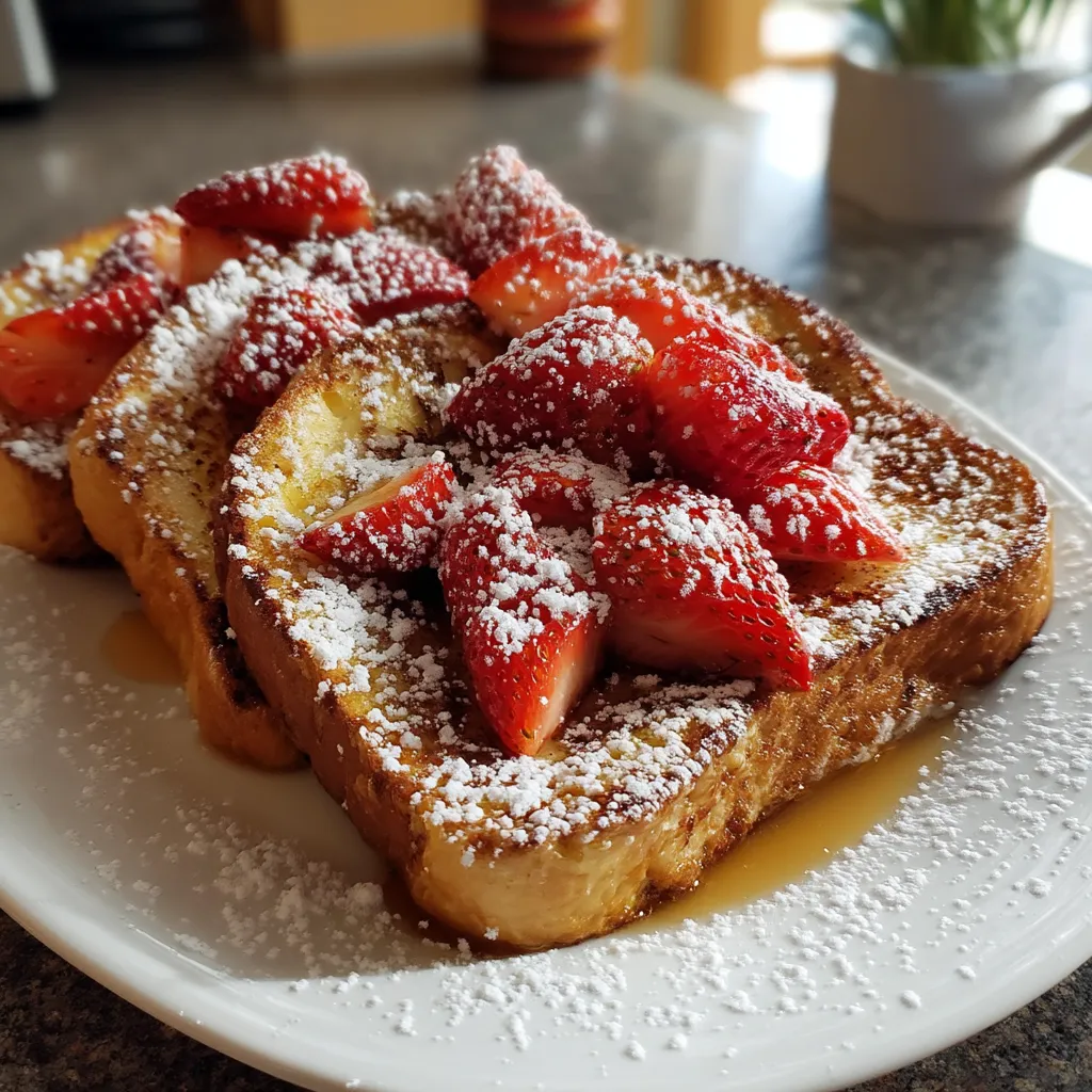 A plate of French toast with strawberries on top.