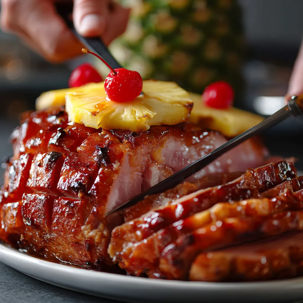 A plate of pineapple and ham.