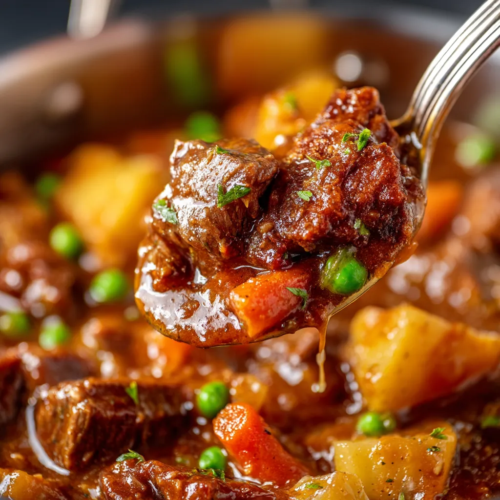 A spoon is being used to scoop up some meat and vegetables.