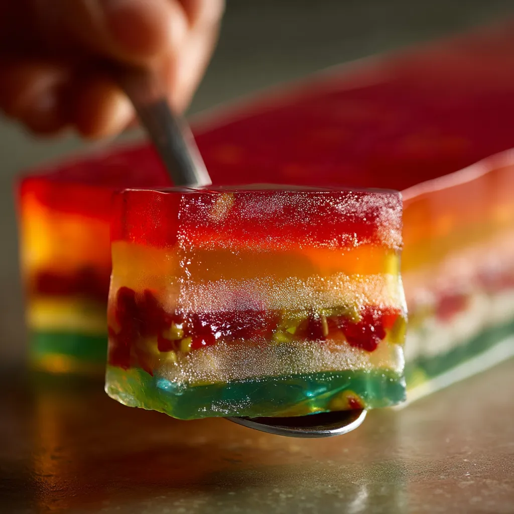 A slice of rainbow cake is being cut with a spoon.