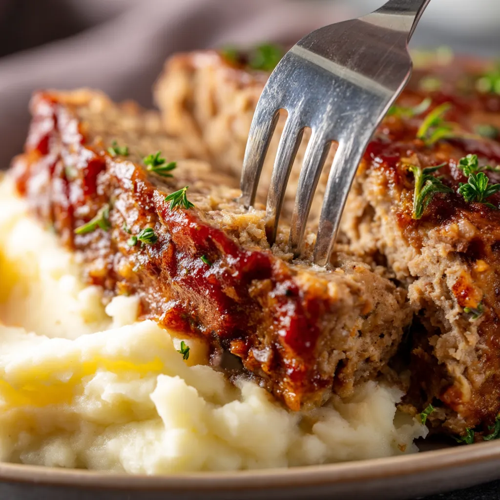 A fork is stuck in a piece of meat.