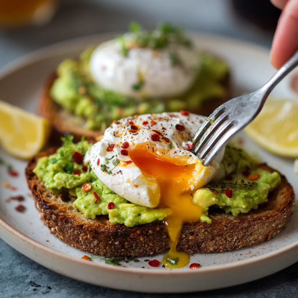 A fork is being used to eat a sandwich with an egg on top.