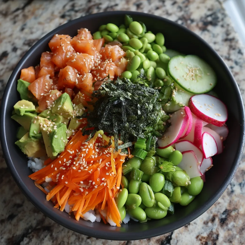 A bowl of sushi with rice, carrots, cucumbers, and avocado.