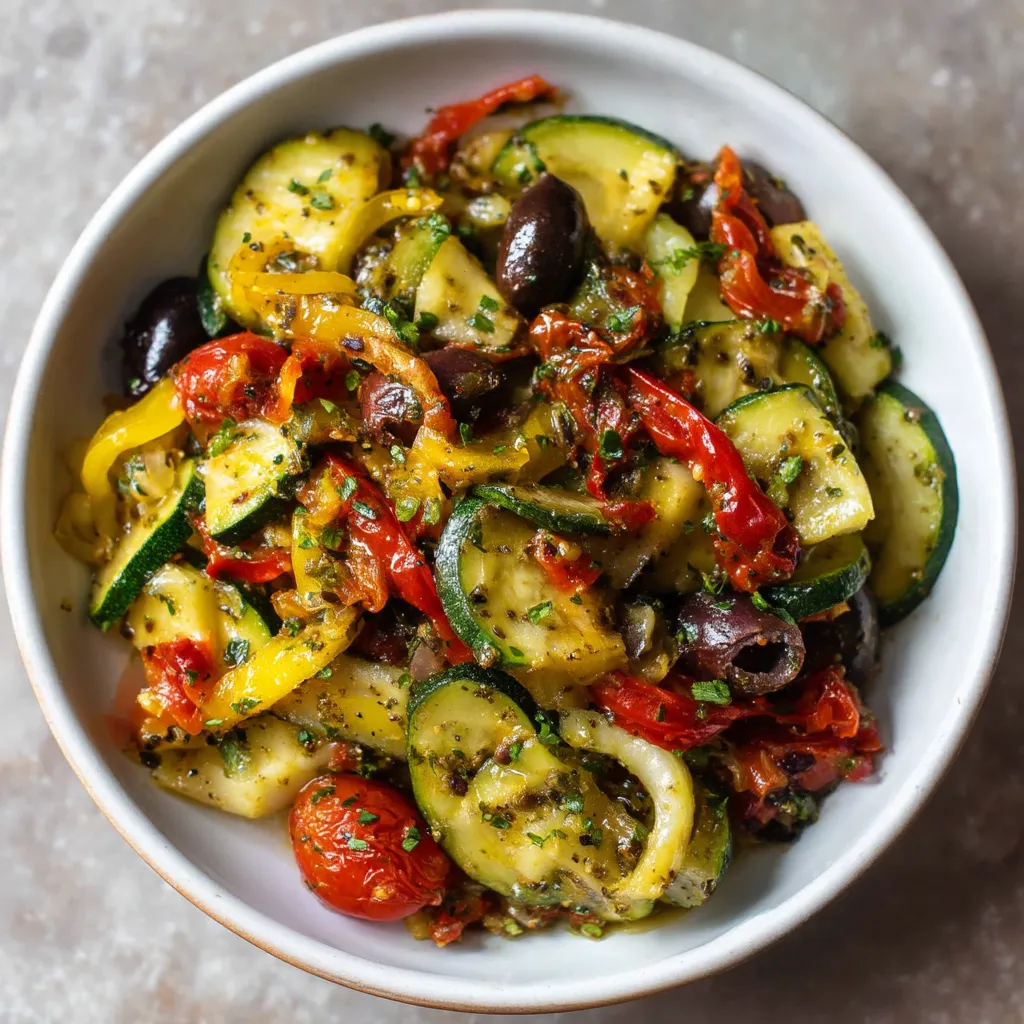 A bowl of vegetables including zucchini, tomatoes, and olives.