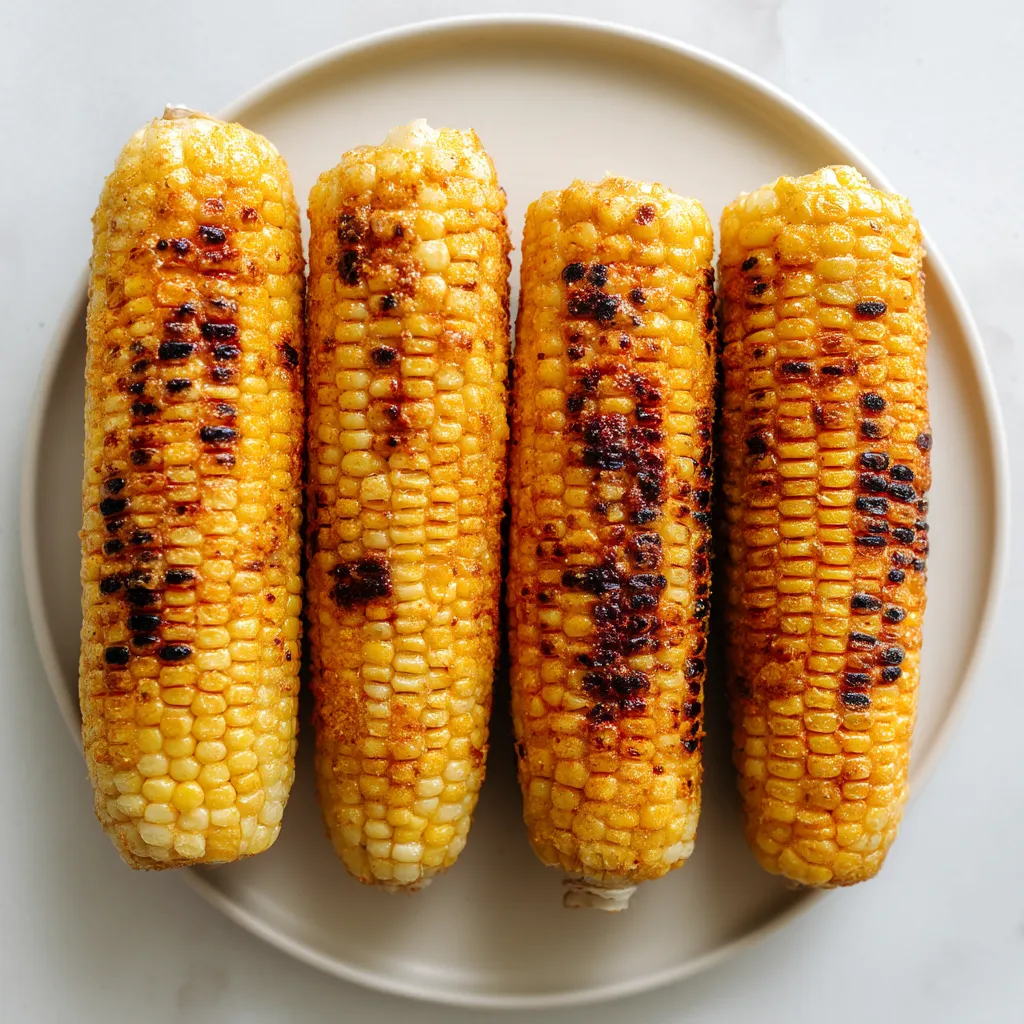 Three grilled corn cobs on a plate.