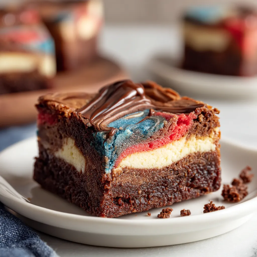 A slice of chocolate cake with white frosting and red, white and blue decorations.