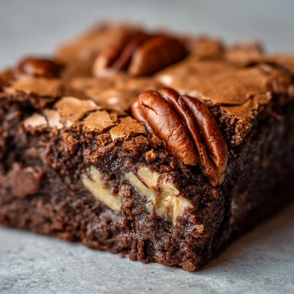 A slice of chocolate cake with pecans.