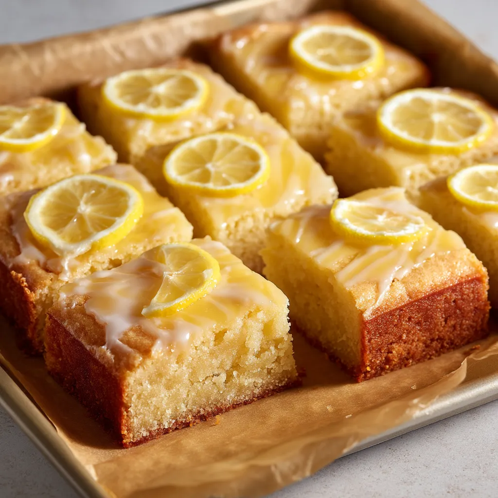 A pan of lemon cake with lemon slices on top.