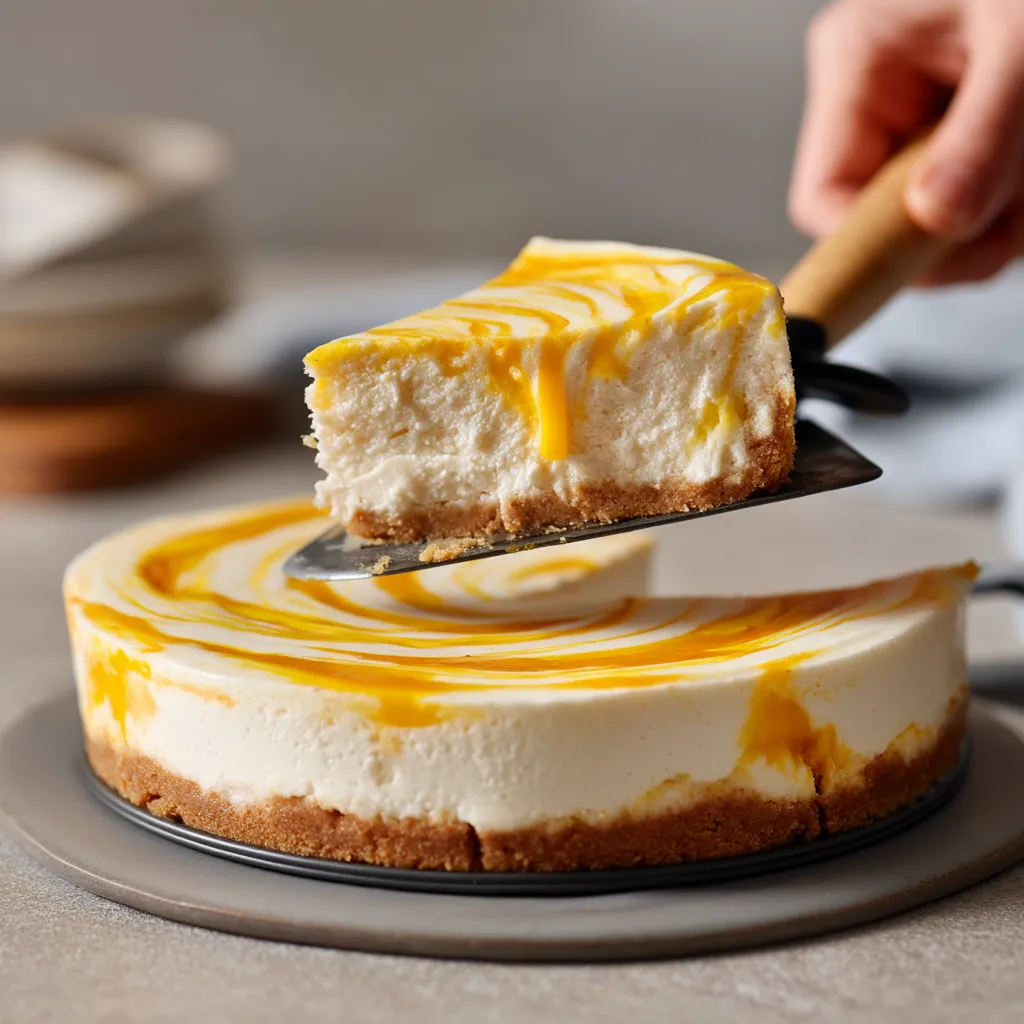 A slice of cheesecake with a wooden spatula.