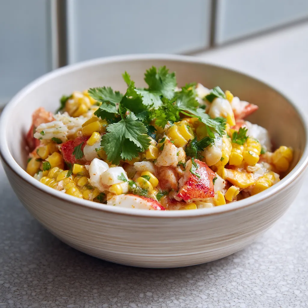 A bowl of food with corn and crab meat.