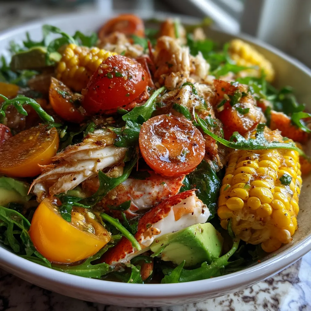 A bowl of salad with tomatoes, corn, and avocado.