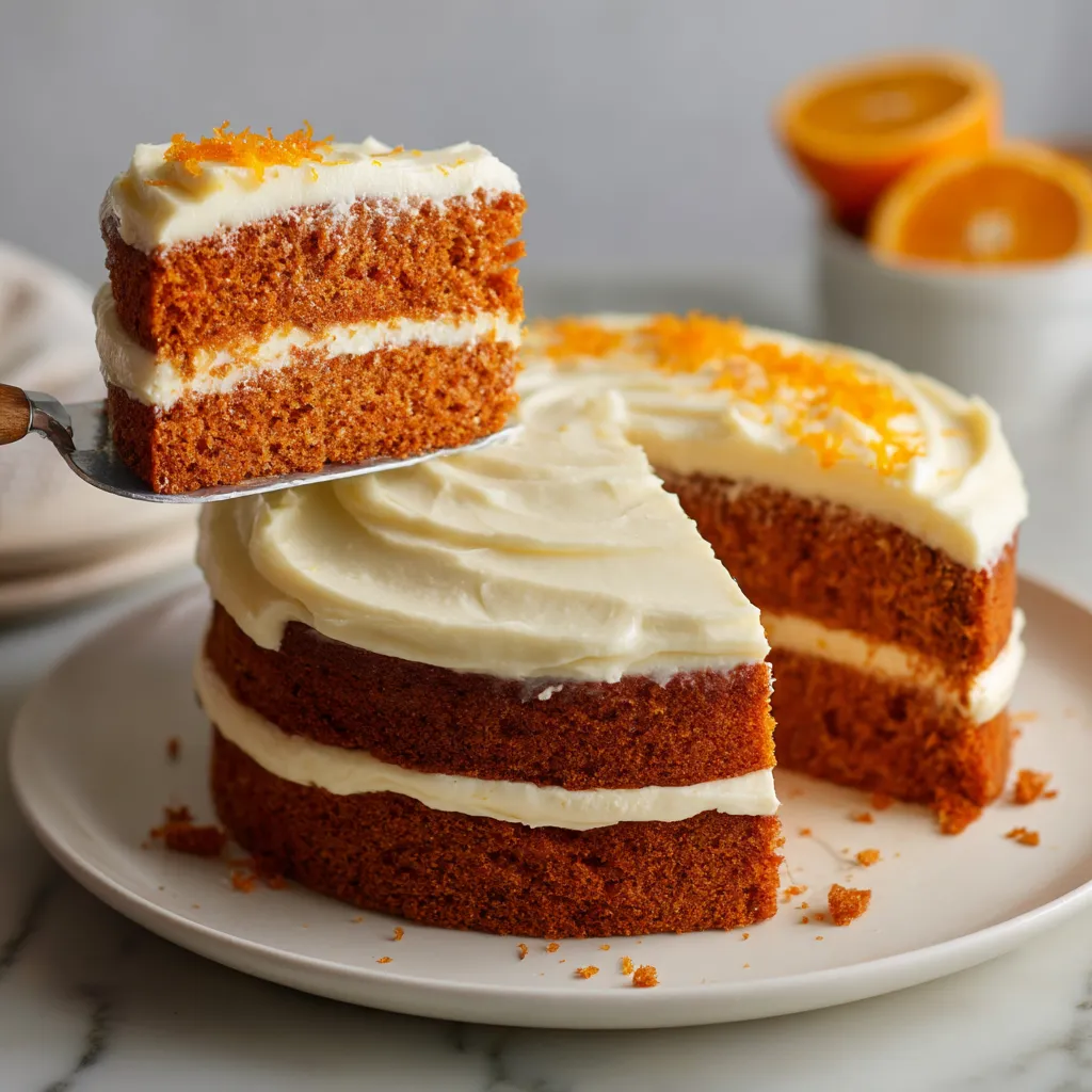 A slice of orange cake with white frosting.