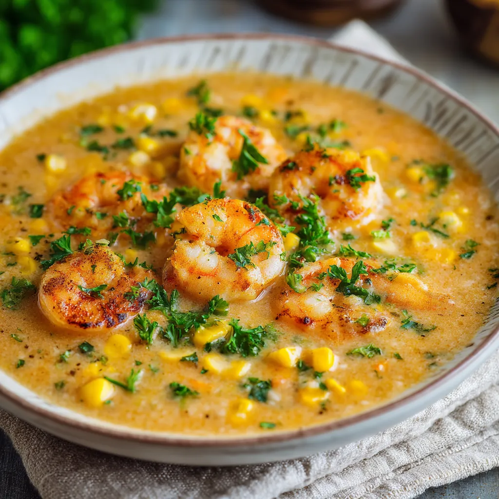 A bowl of soup with shrimp and corn.