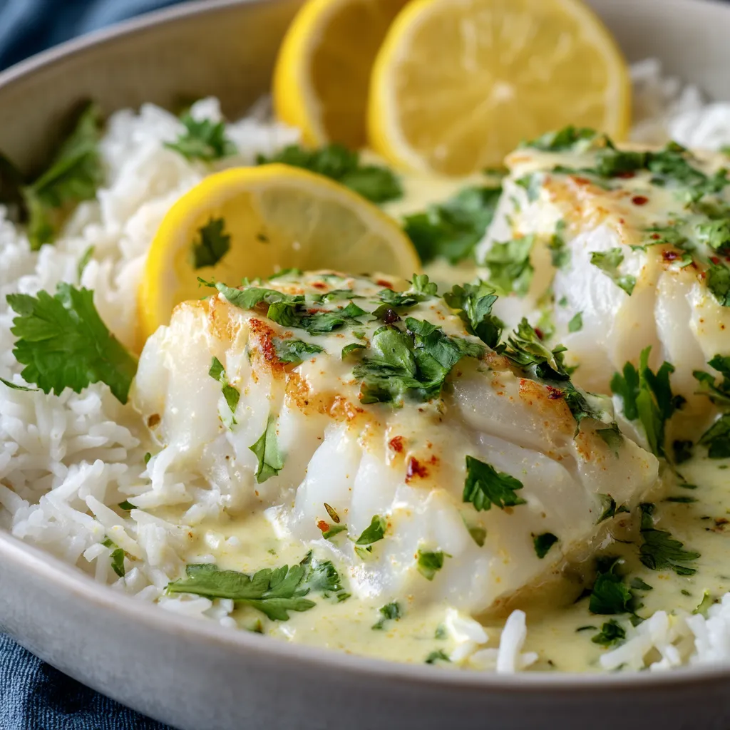 A bowl of rice with fish and lemon wedges.