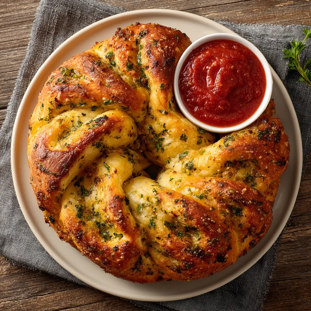 A plate of bread with a bowl of sauce on the side.
