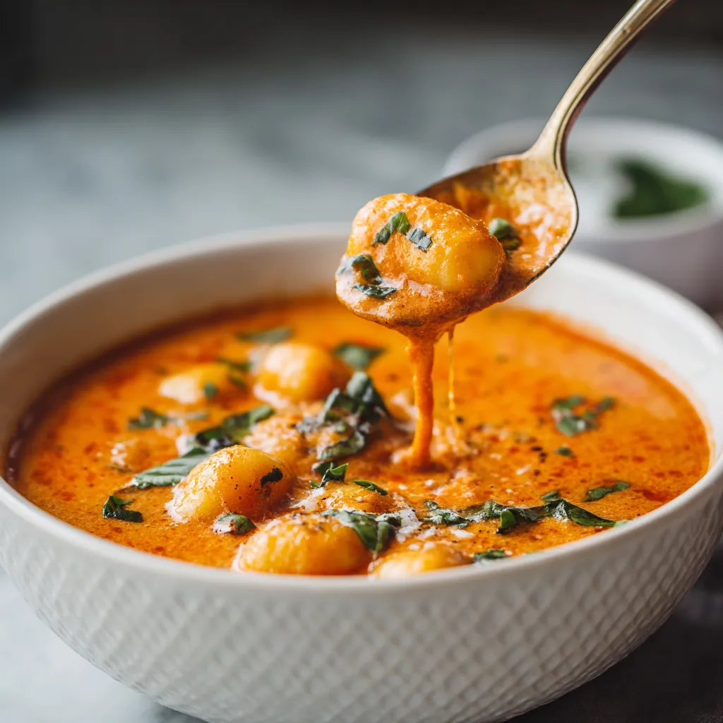 A spoon is in a bowl of soup.