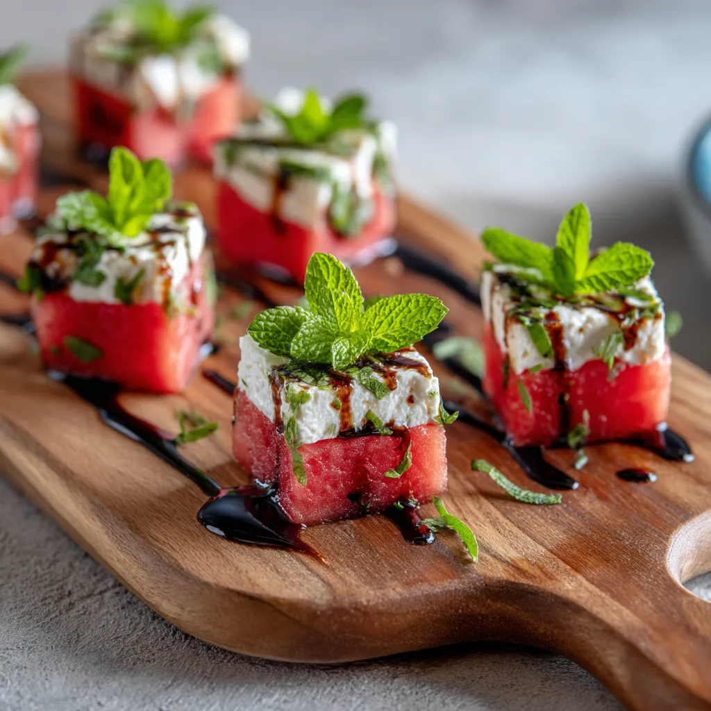 A wooden platter with 6 pieces of watermelon and mint.