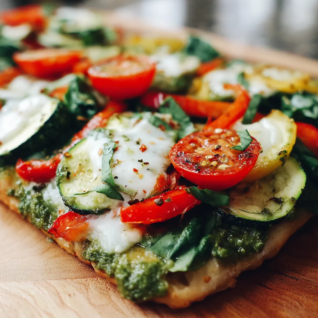A pizza with tomatoes, spinach, and cheese.