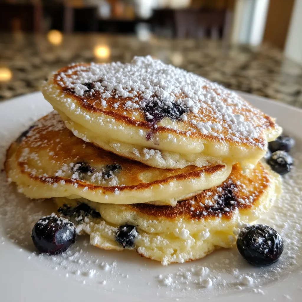 A stack of pancakes with blueberries on top.