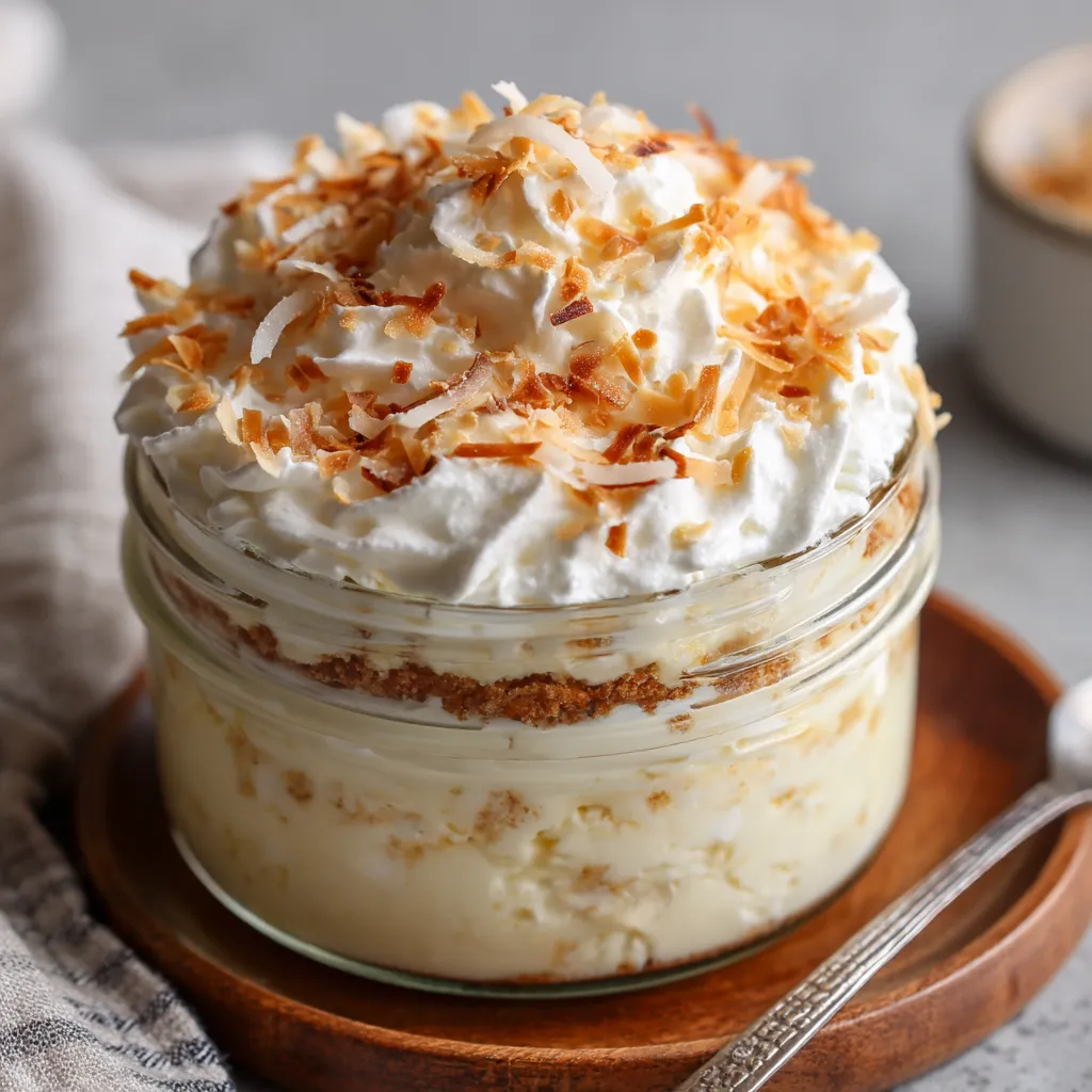 A dessert in a glass jar with coconut on top.