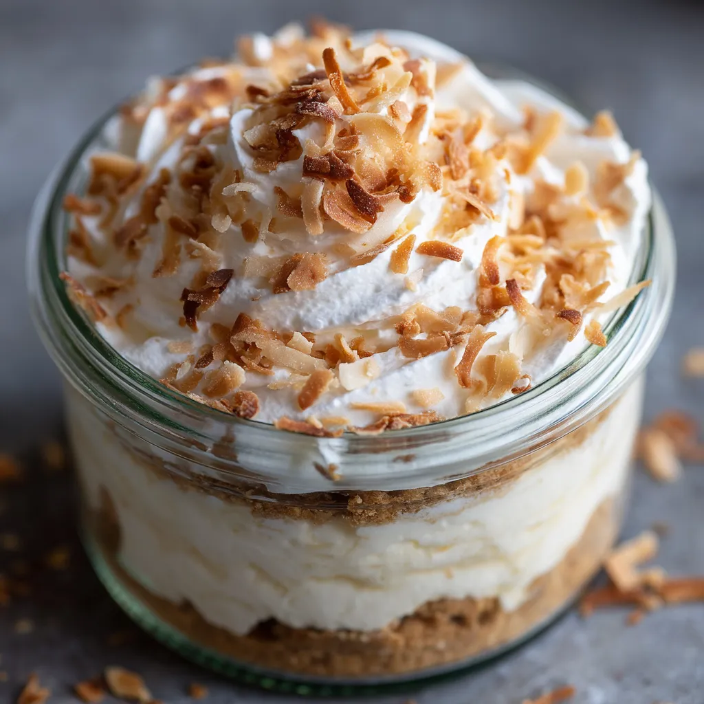A dessert in a glass jar with coconut on top.
