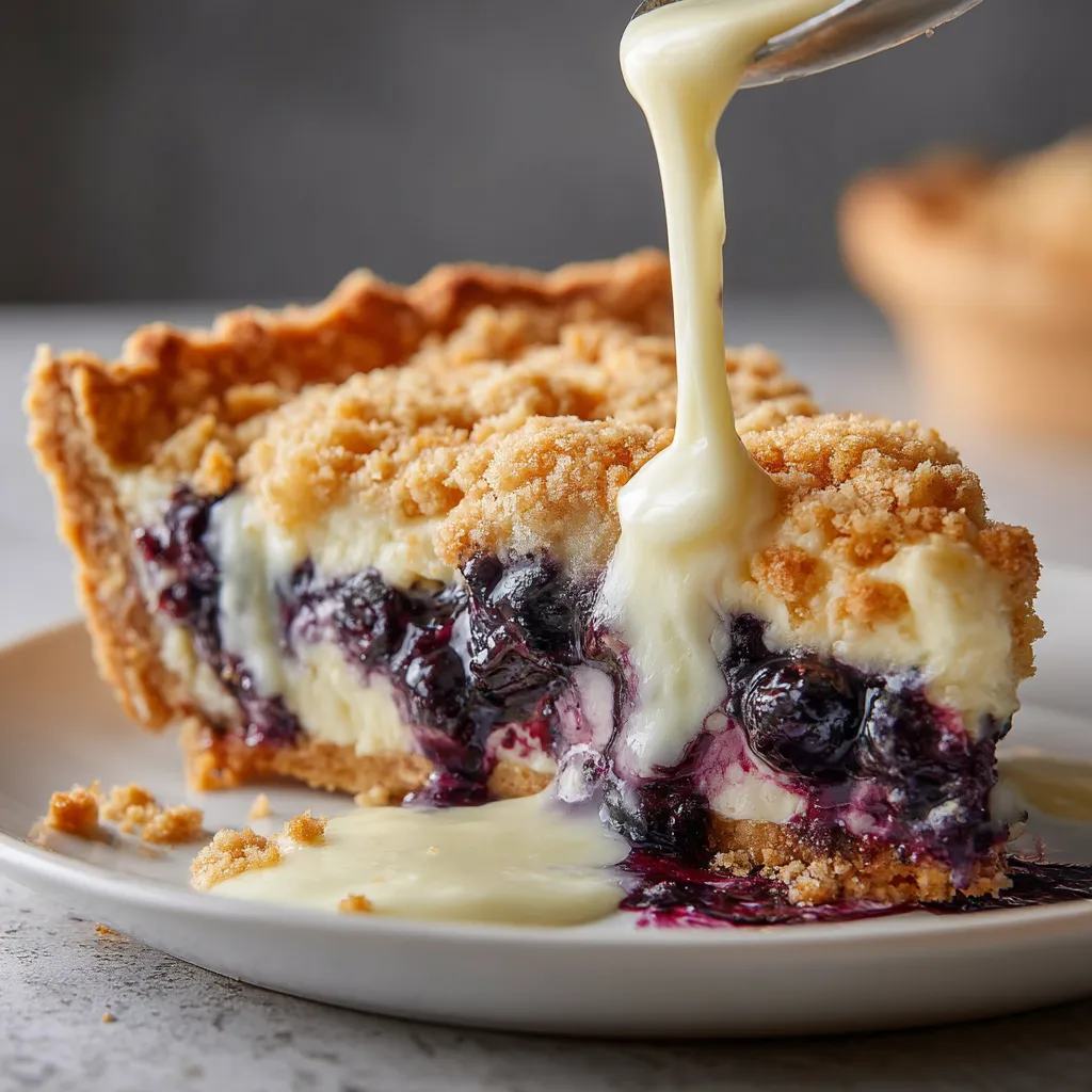A slice of blueberry pie with a dollop of whipped cream on top.