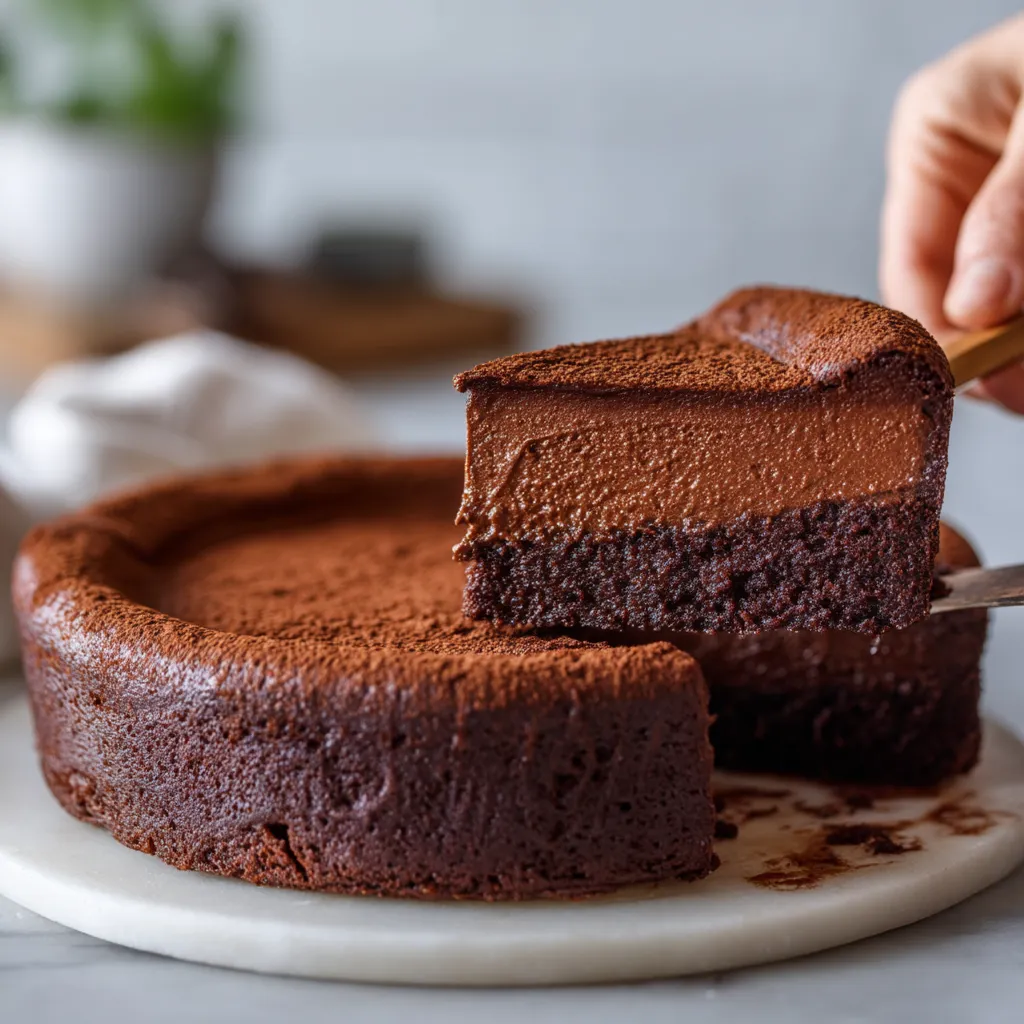 A person is cutting a chocolate cake.