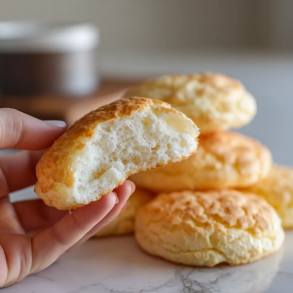 A person is holding a piece of cloud bread.