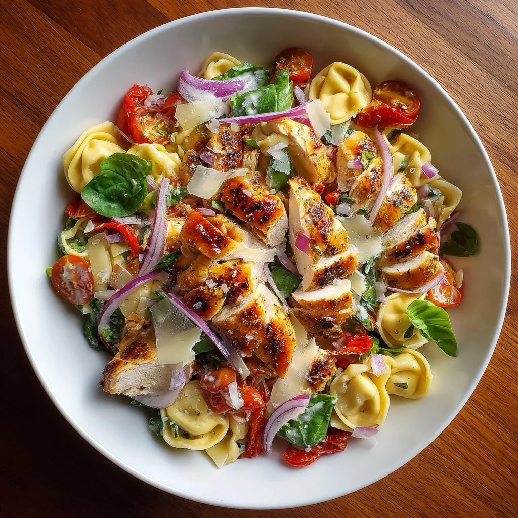A bowl of pasta with chicken and tomatoes.