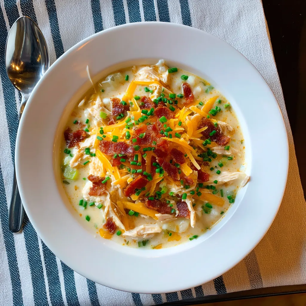 A bowl of soup with chicken and bacon.