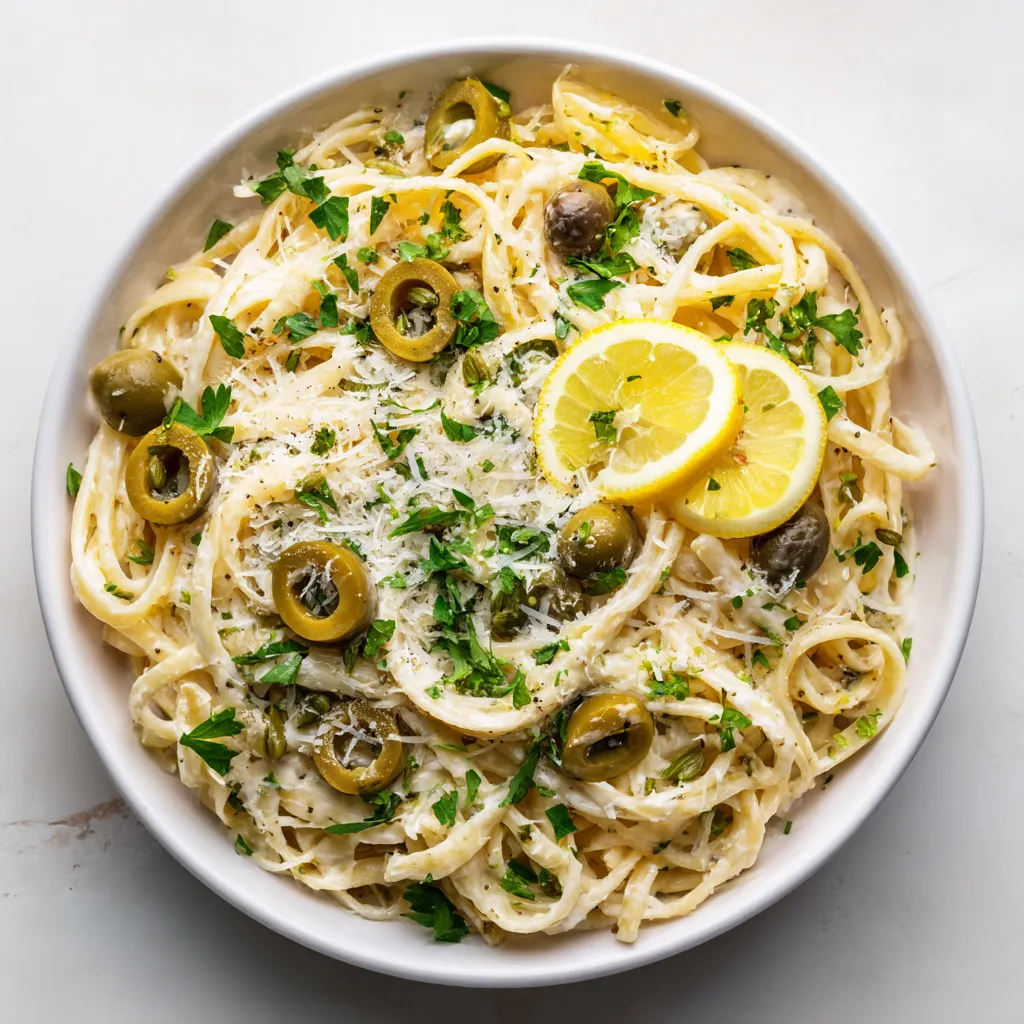 A bowl of pasta with olives and lemon.