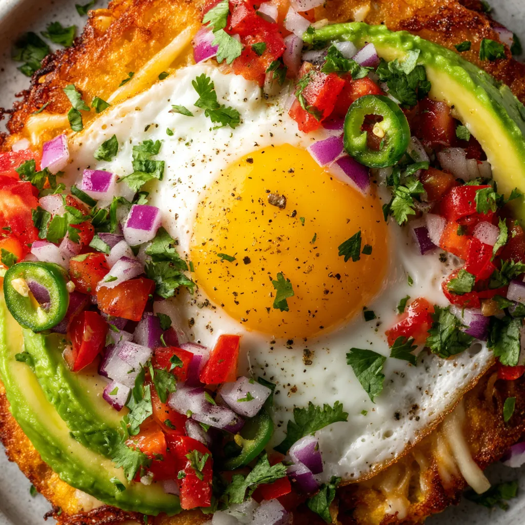 A cheesy frico fried egg tostada with tomatoes and onions.