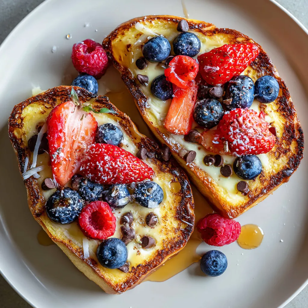A plate of French toast with strawberries and blueberries.