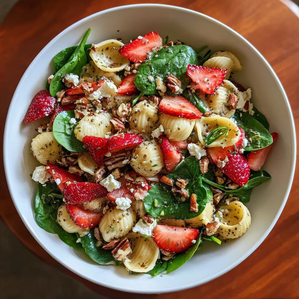 A bowl of food with strawberries, spinach, and pasta.
