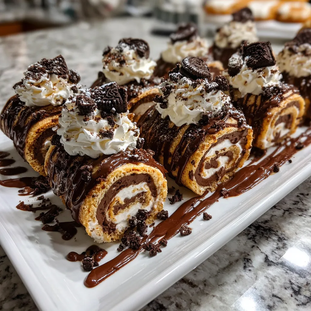 Chocolate lasagna roll-ups on a plate.