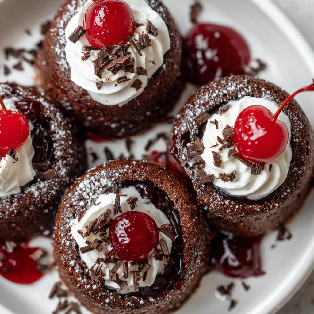 A plate of chocolate cake with cherries on top.