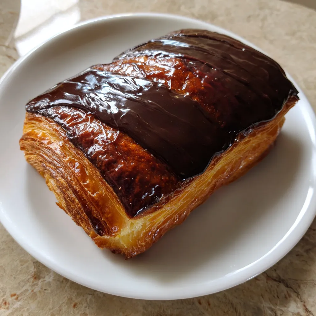 A chocolate covered pastry on a white plate.