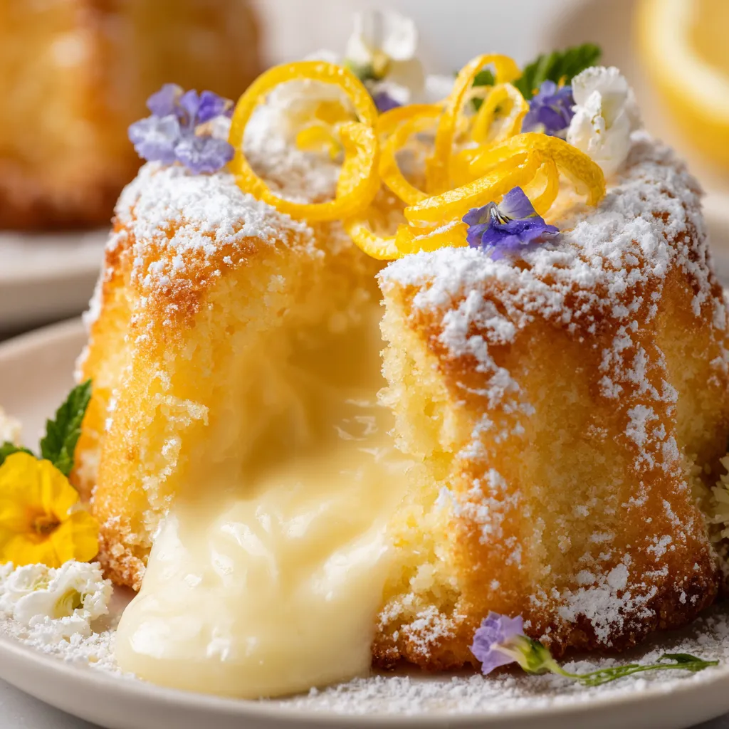 A slice of white chocolate lemon lava cake.