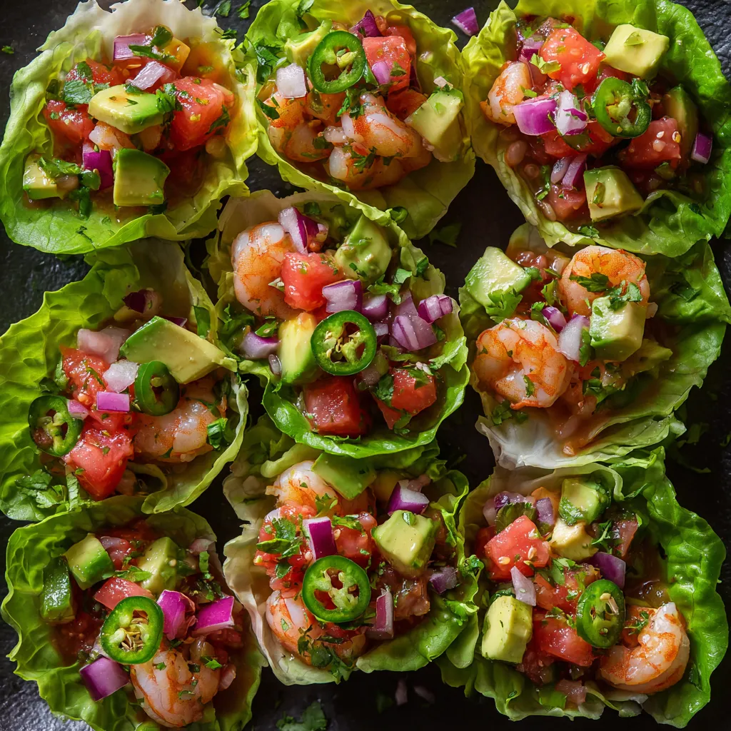 Shrimp and avocado in lettuce cups.