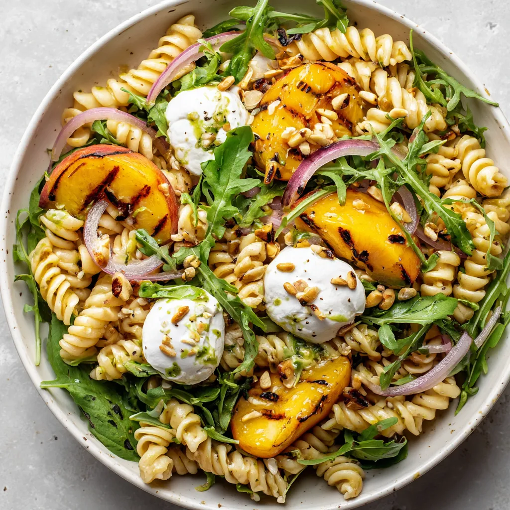 A bowl of pasta with peaches and spinach.