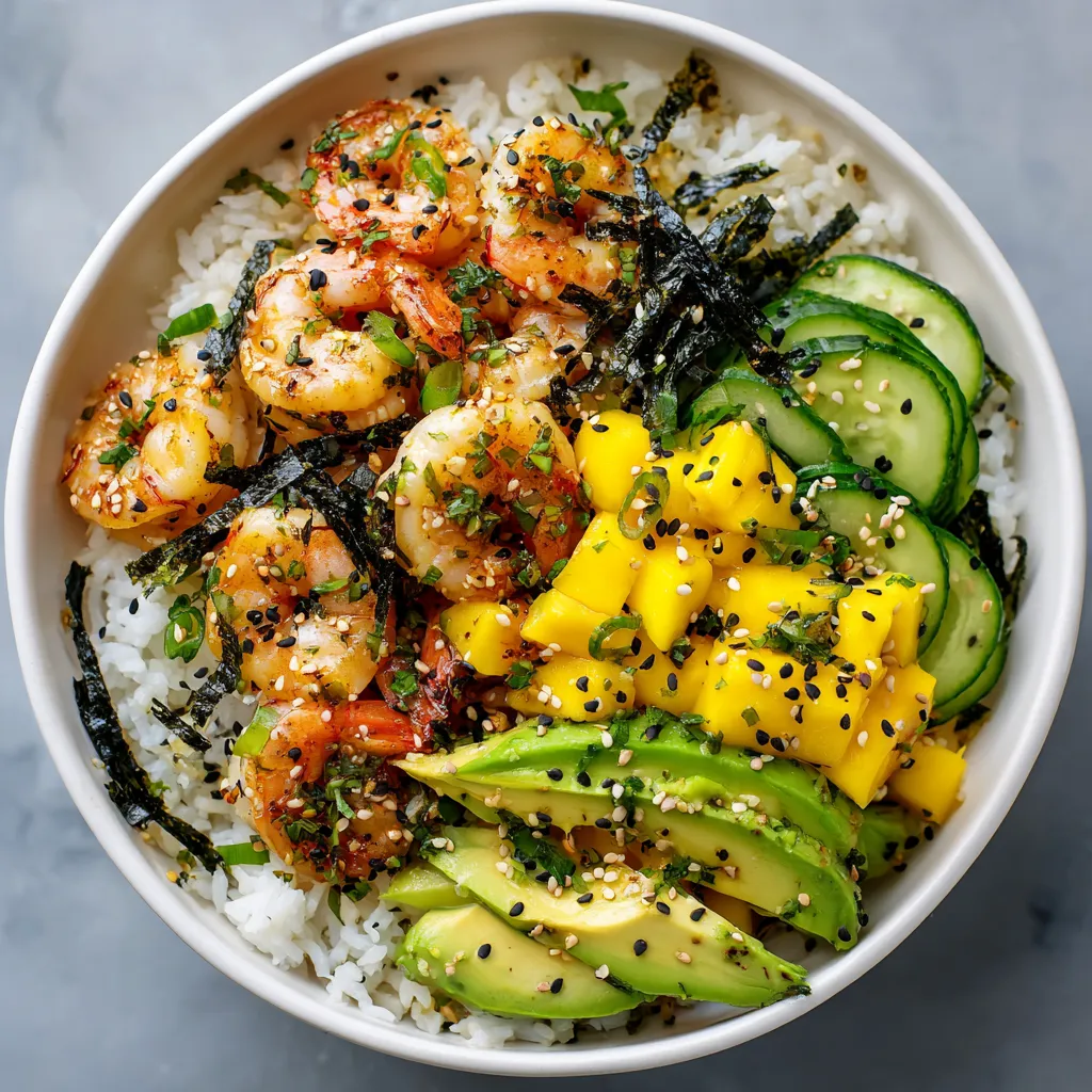 A bowl of food with shrimp, rice, and vegetables.